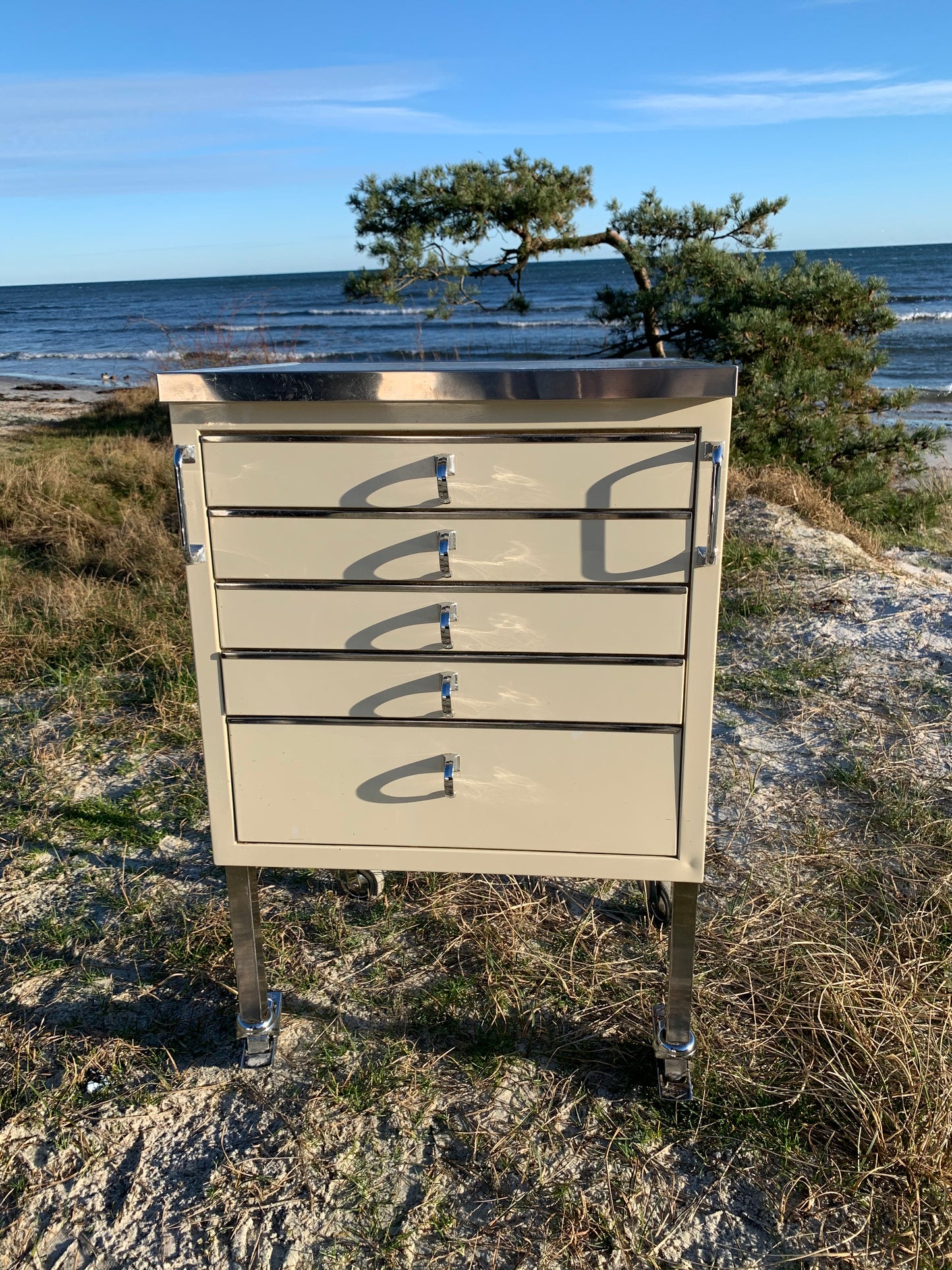 Tandlægebord med skuffer og hjul