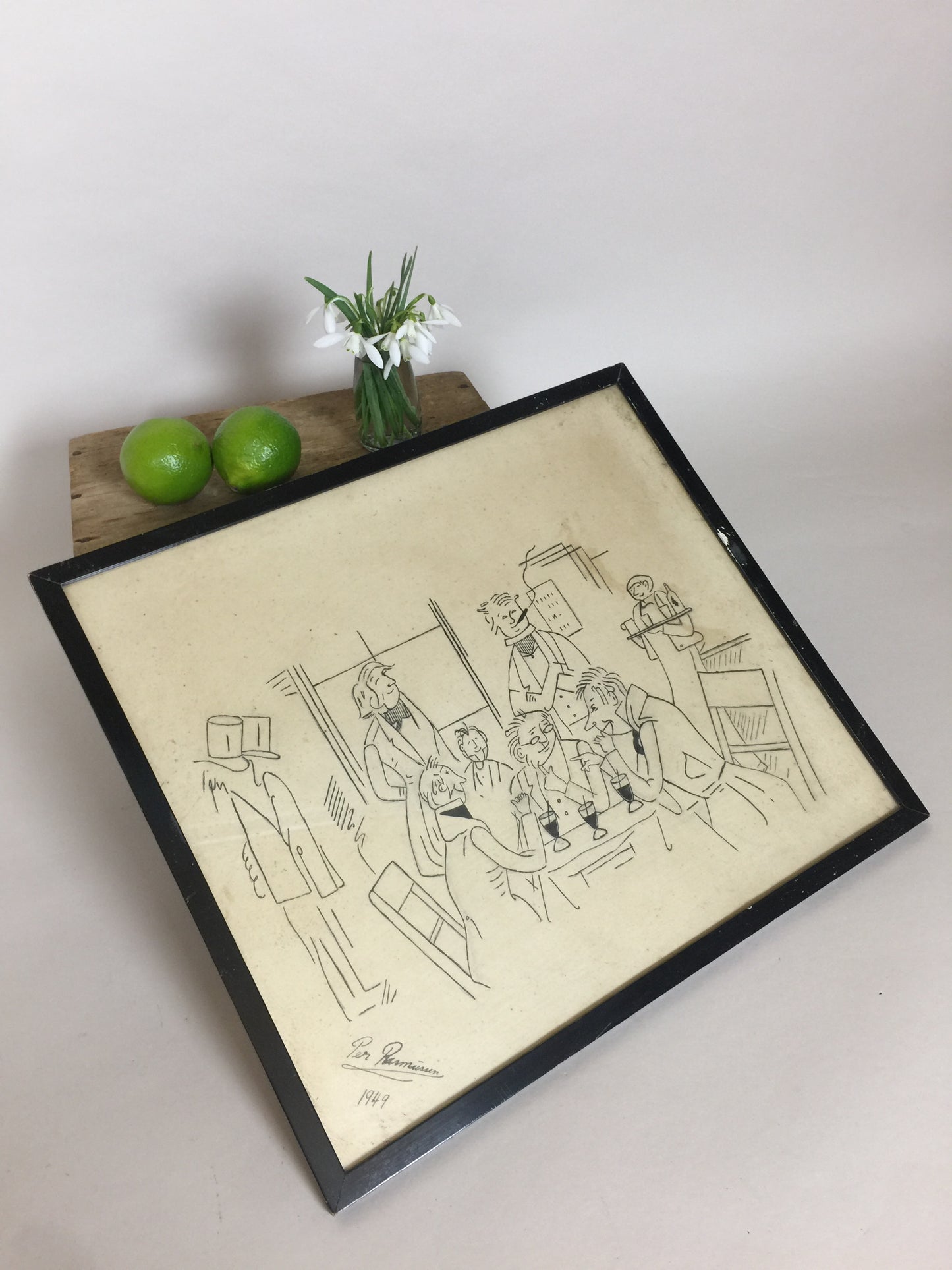 Fin gammel og original tegning i ramme