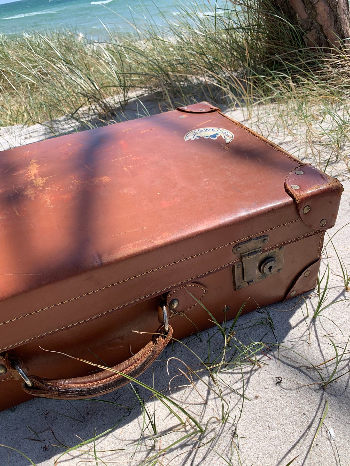 Stor brun dekorativ kuffert i læder